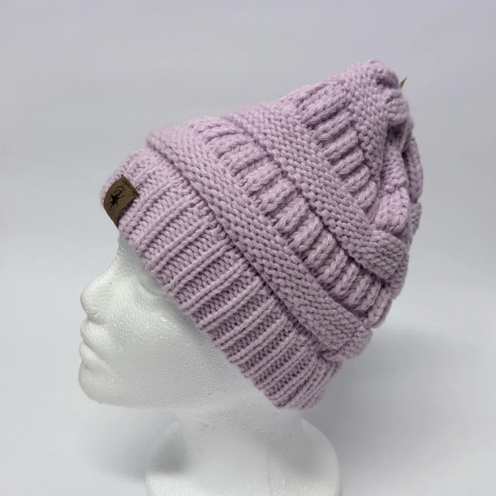 James Paul Youth Messy Bun Beanie Lavender Purple Cable Knit Ponytail Hat NEW